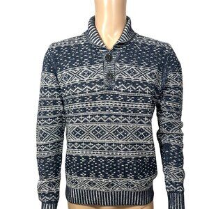 JC Penny Mens Vtg Fair Isle Blue White Sweater M Long Sleeve Holiday Ski Collar